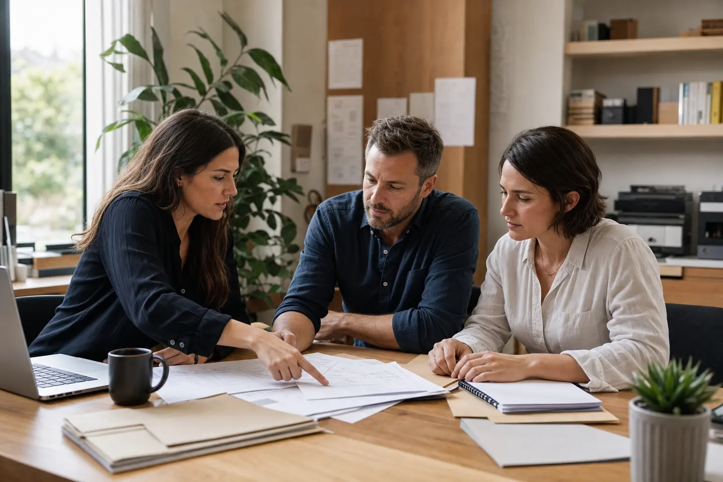 A small business owner and two team members reviewing work together in their office
