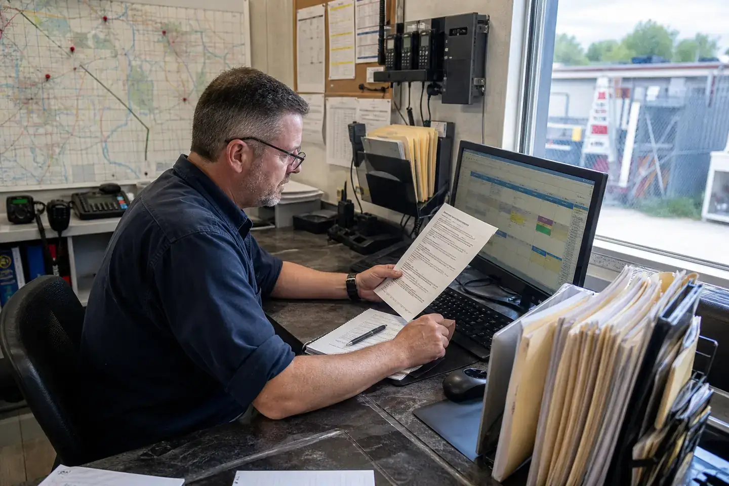 A home-services operations manager reviewing a completed weekly job report and schedule