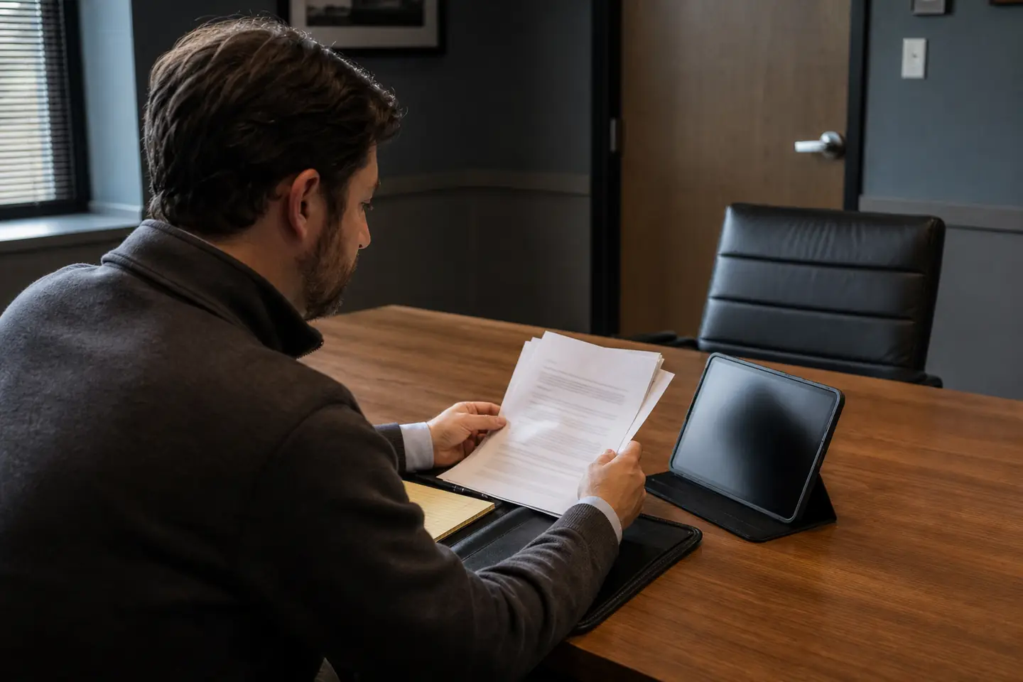 An attorney reviewing a prepared consultation brief before meeting a client